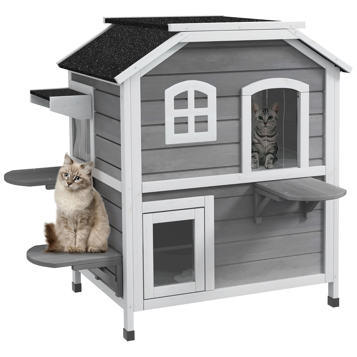 Outdoor Wooden Cat House with Escape Door & Openable Roof - Weatherproof Feral Cat Enclosure Gray