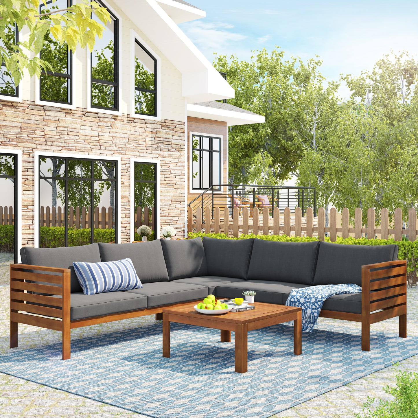 Wood Structure Outdoor Sofa Set With Gray Cushions Exotic Design
