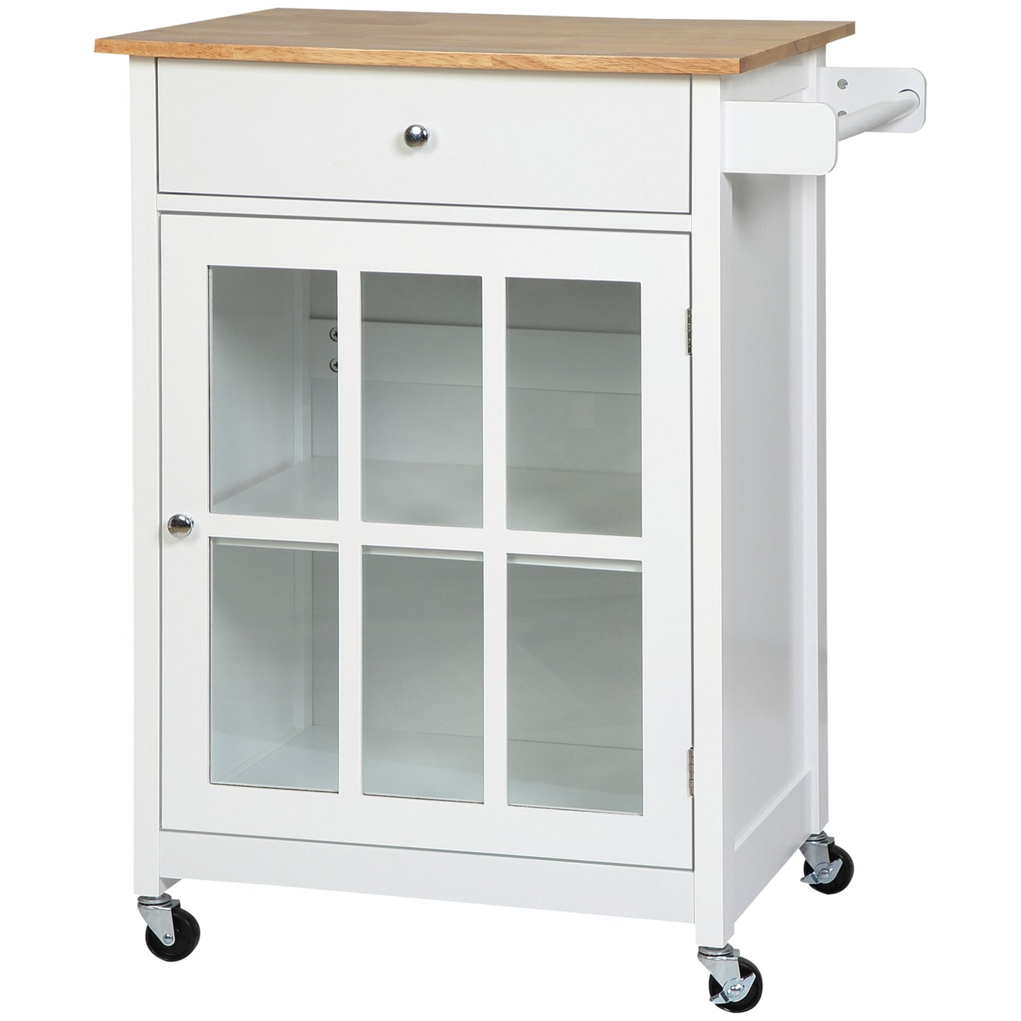 Rolling Kitchen Island Cart with Drawer & Glass Door Cabinet - White