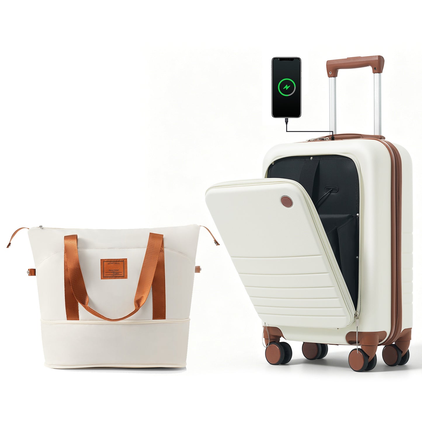 20-Inch Expandable Carry-On Luggage Set with USB Port & Cup Holder - Ivory