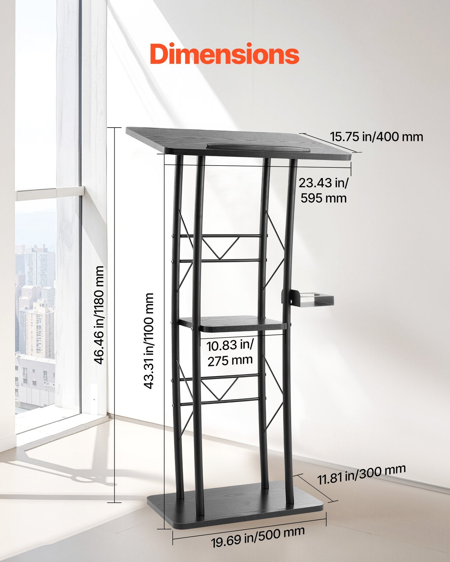 Curved Metal Lectern Podium Stand with Storage Shelf - Black