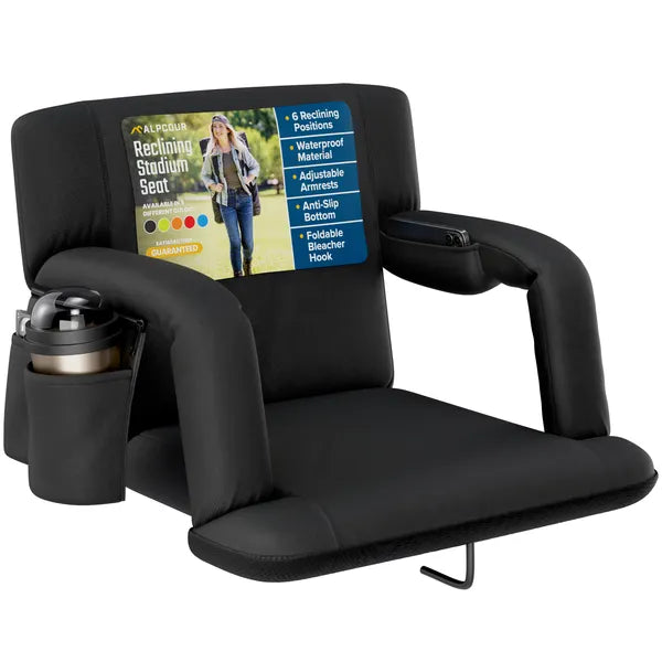Reclining Stadium Seat - Waterproof Foldable Camping Chair with Armrests & Adjustable Positions