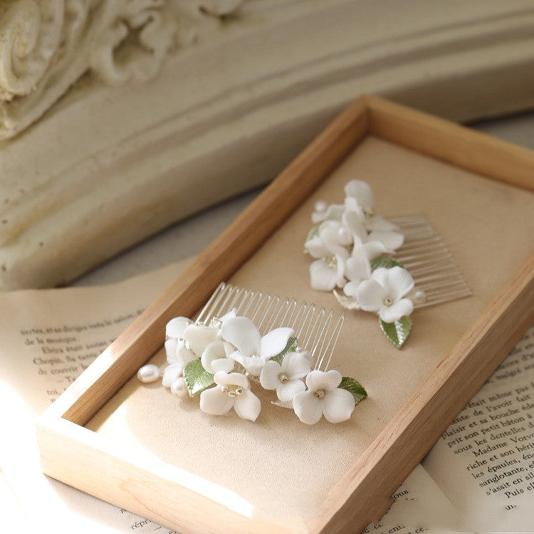 Ceramic Flower Hair Comb - Silver Bridal Headpiece
