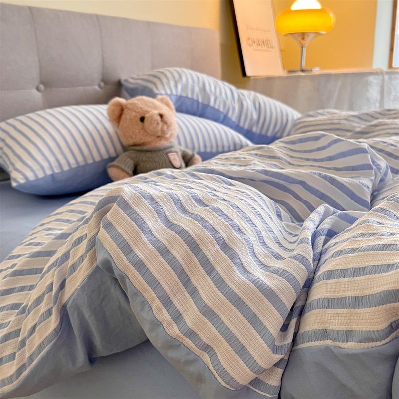 Korean-Style Striped Puffy Duvet Cover Bedding Set - All Sizes & Colors