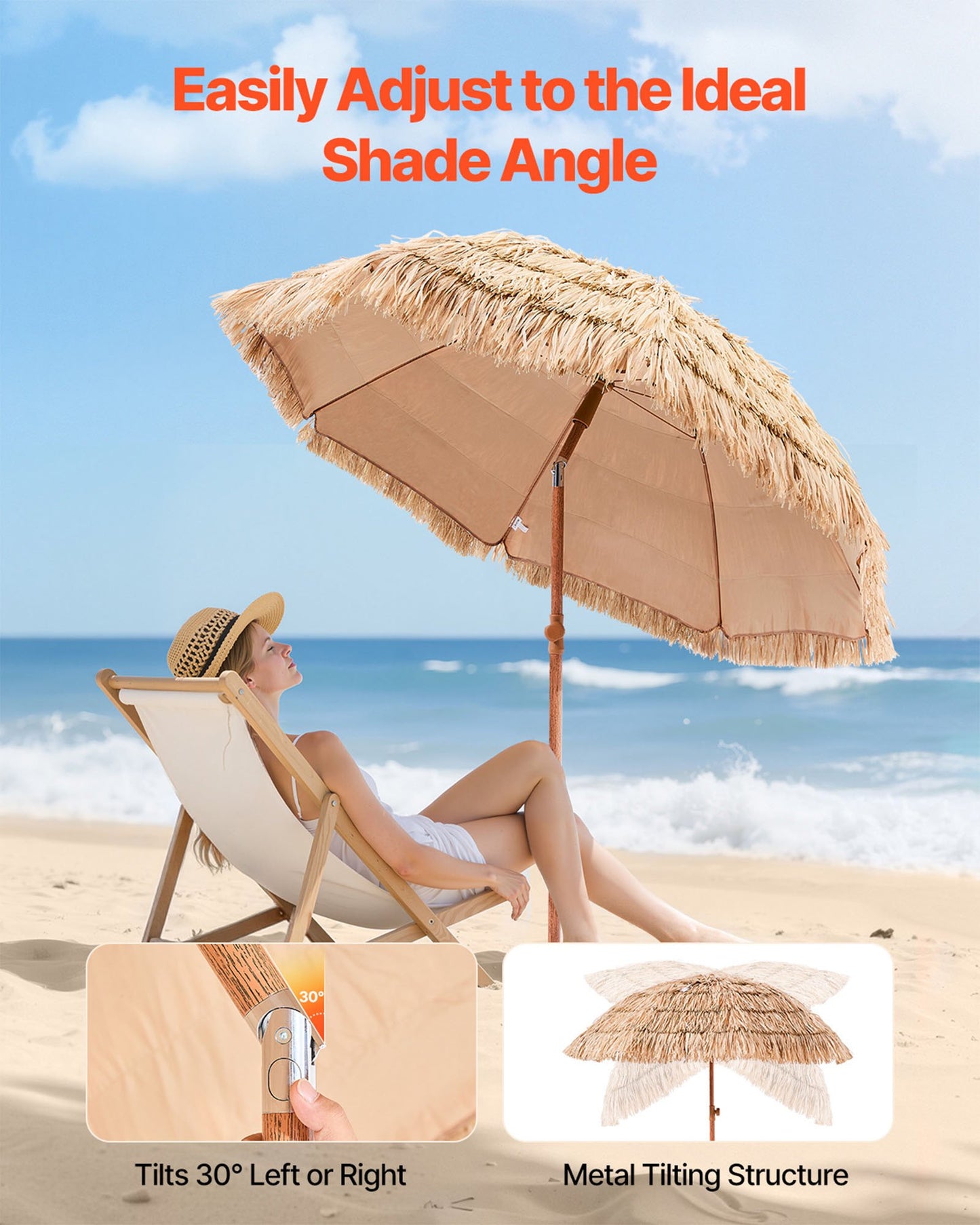 6.5 Ft Tiki Thatched Patio Umbrella with Tilt - Poolside Beach Shade