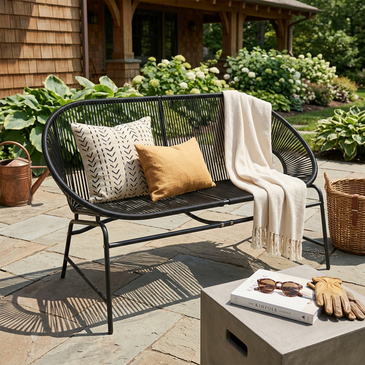 CONDESSA OUTDOOR PATIO WICKER LOVE SEAT, BLACK PE RATTAN & IRON