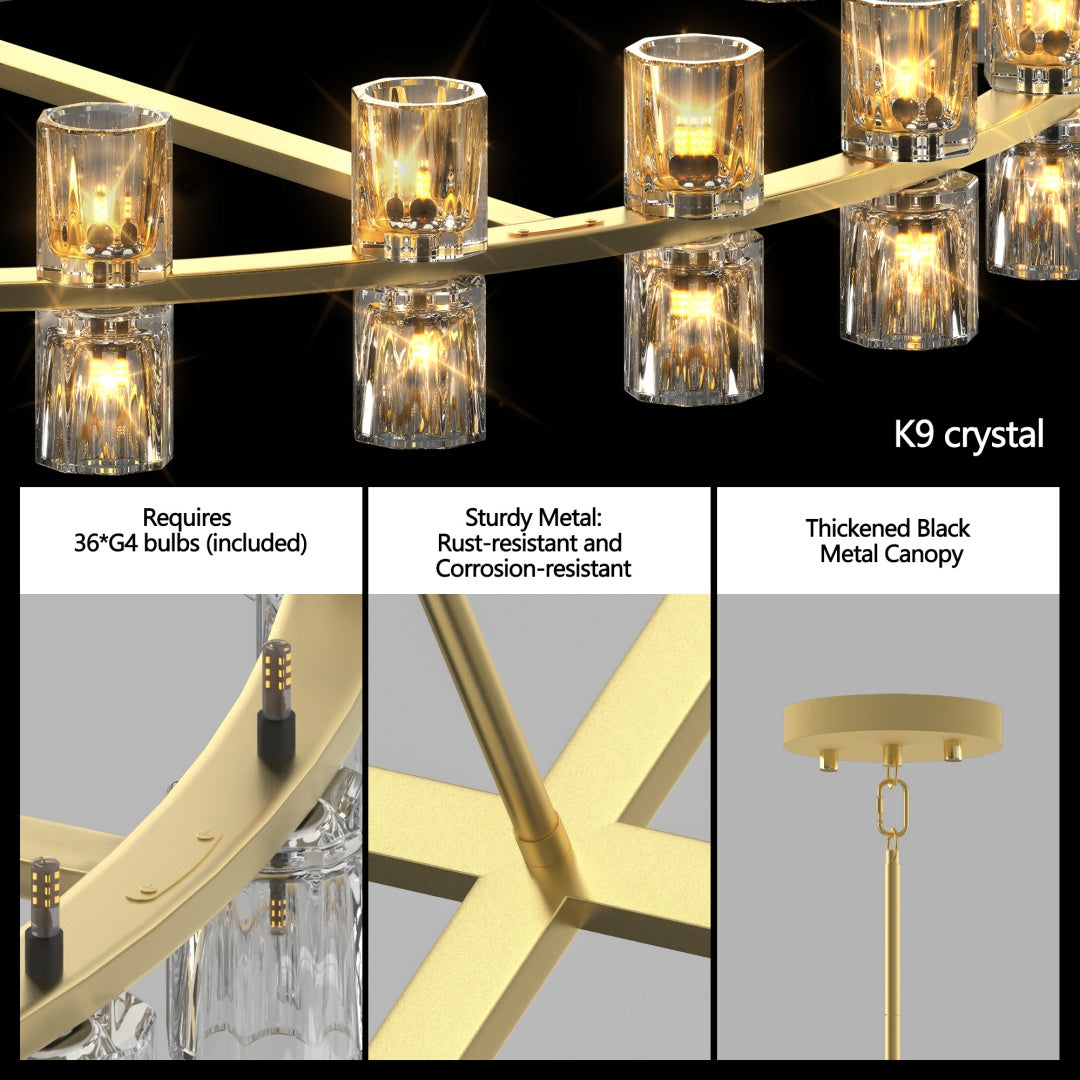 Modern 36-Inch Gold Round Chandelier with K9 Crystal