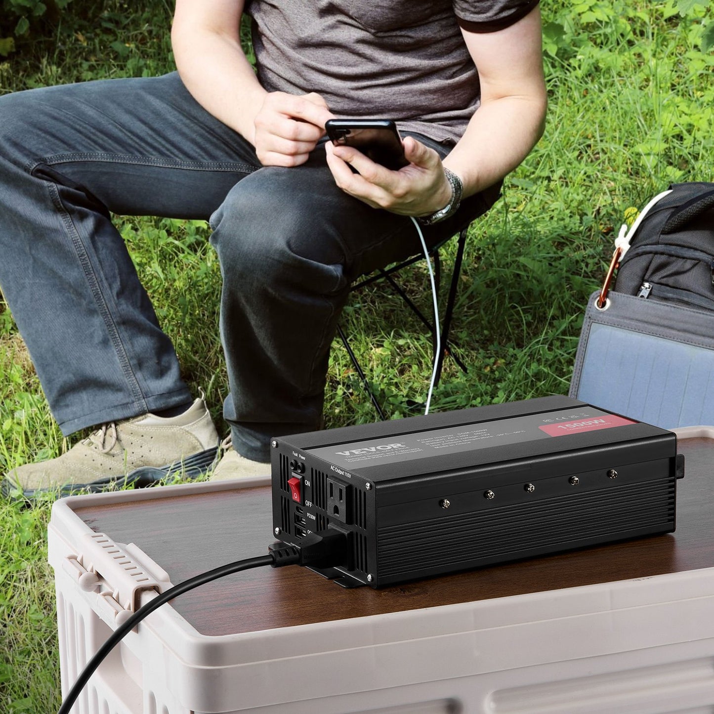 1500W Modified Sine Wave Power Inverter DC 12V to AC 120V with USB & Type-C, 2 Outlets, Fuses
