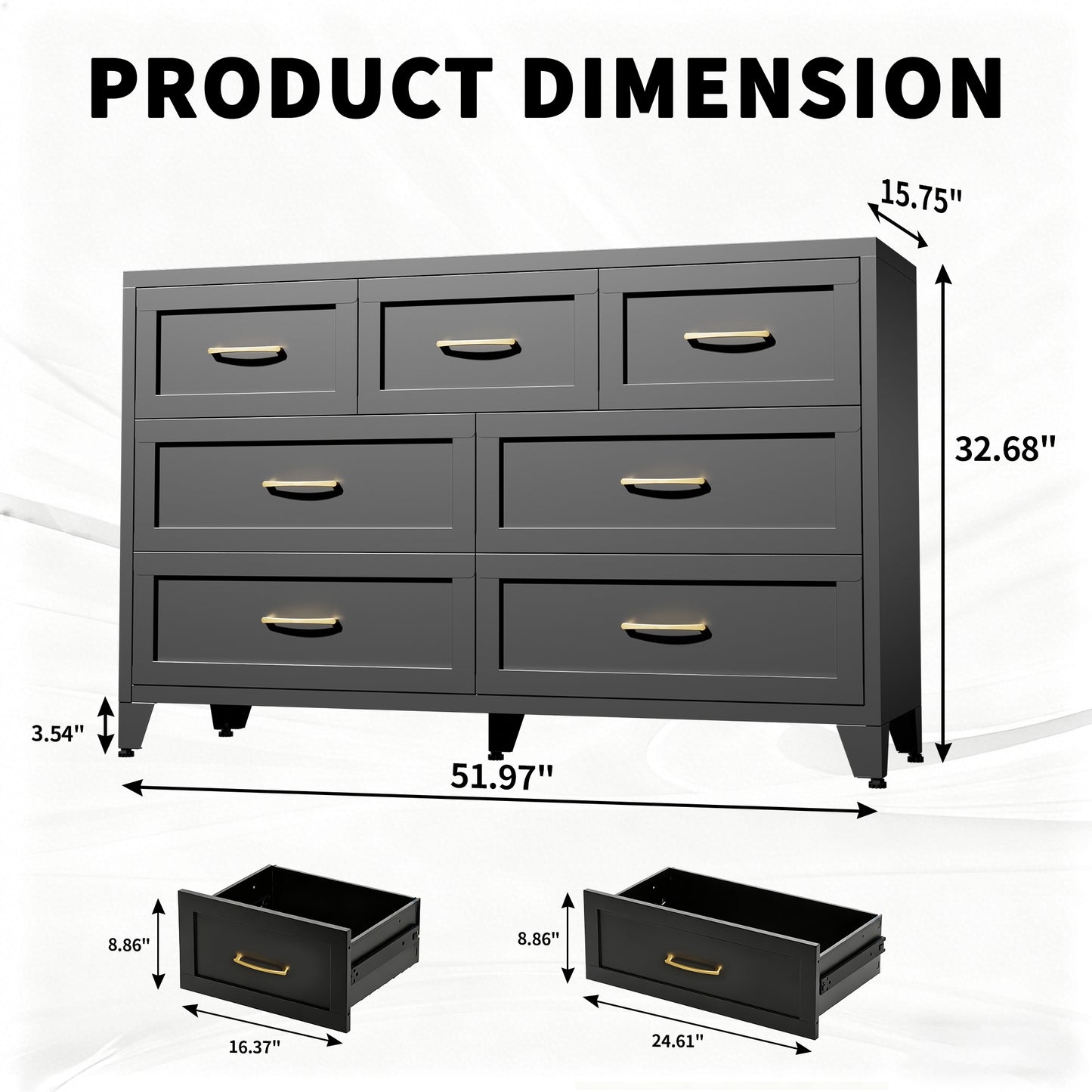 7-Drawer Black Metal Dresser - Low-Profile Storage Cabinet