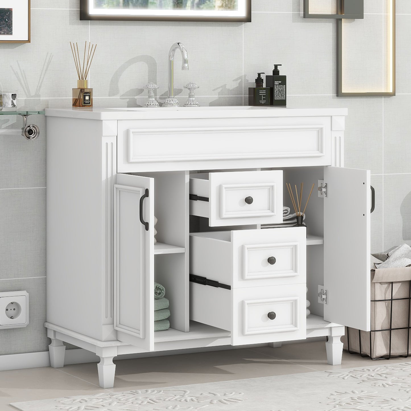 36-Inch Modern Bathroom Vanity with Sink & Storage Cabinet - White