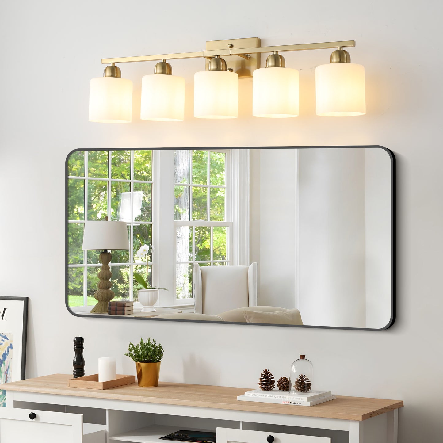 5-Light Modern Bathroom Vanity Light Fixture - Gold with Frosted Glass Shades