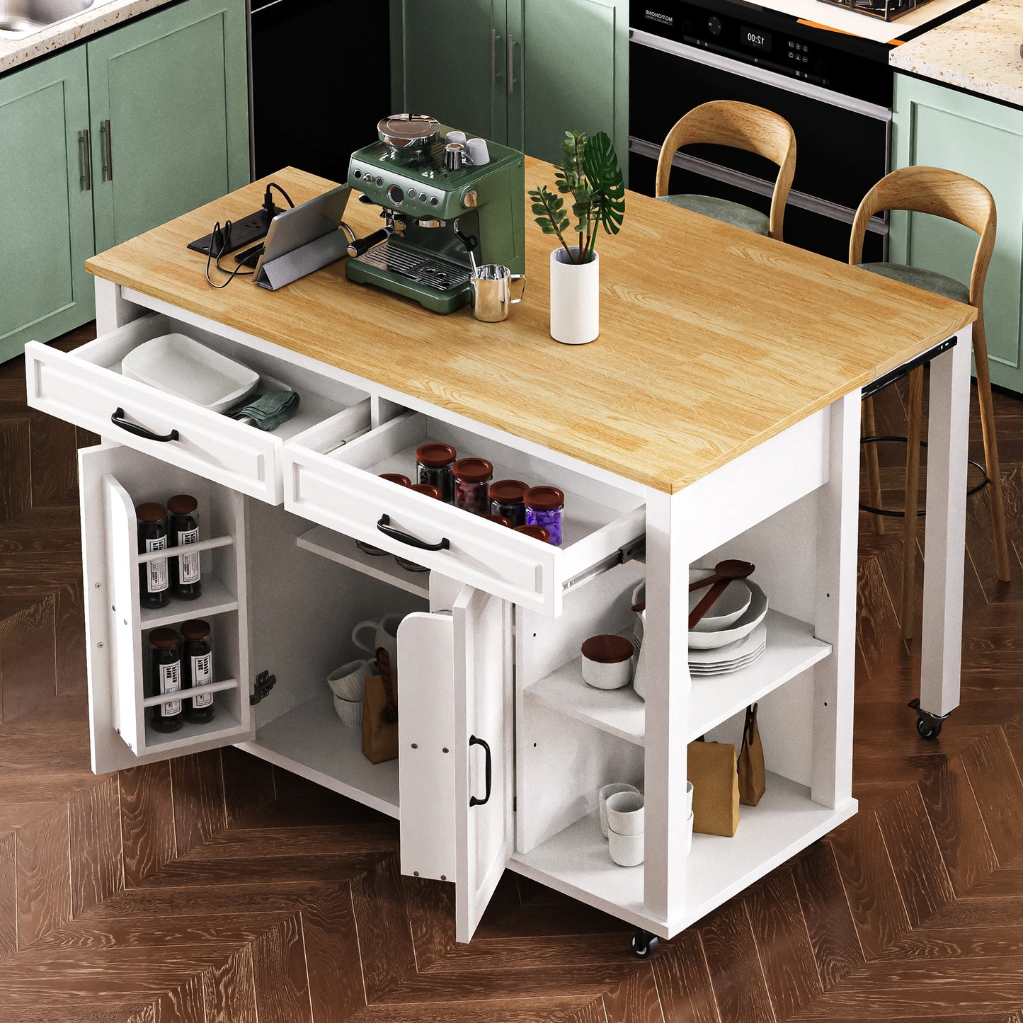 K&K 47 Inch Kitchen Island With Extendable Dining Table, Rubber Wood