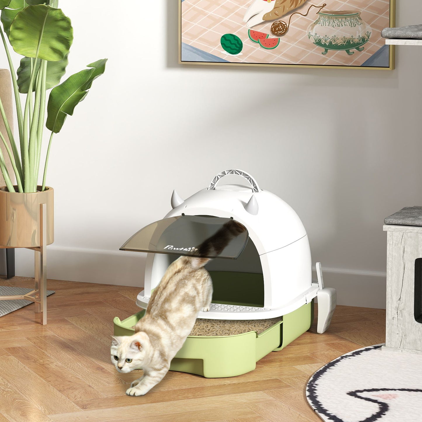 Covered Cat Litter Box with Lid, Scoop & Deodorizing Bags - Green, 410x180x520mm