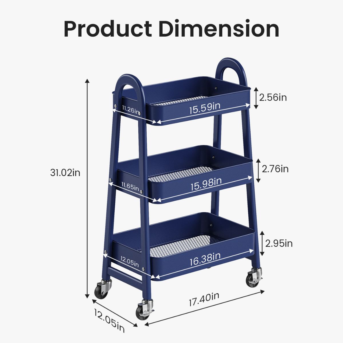 3-Tier Rolling Cart, Metal Utility Storage Lockable Wheels, For