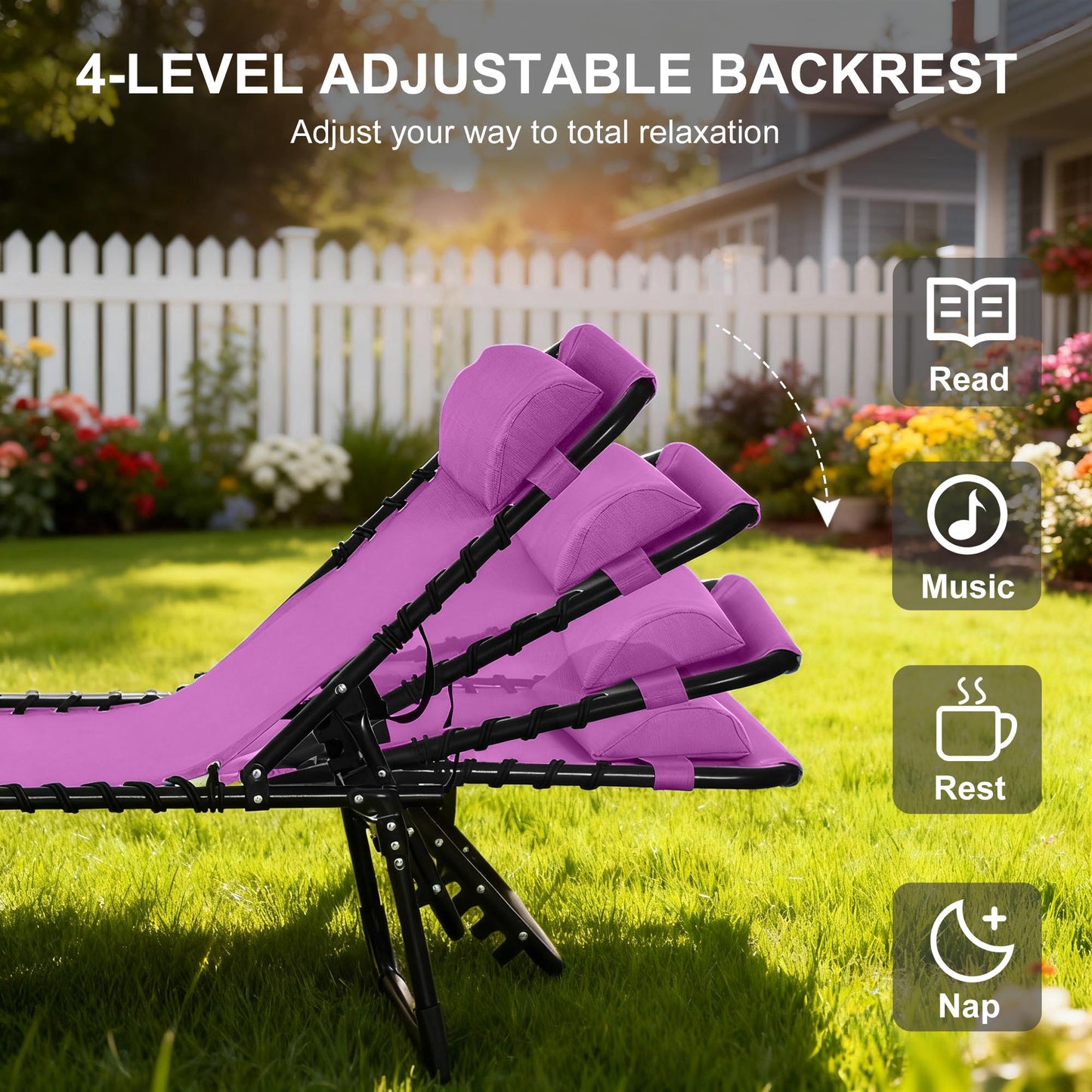 Folding Chaise Lounge Chair - 4-Position Recline, Purple