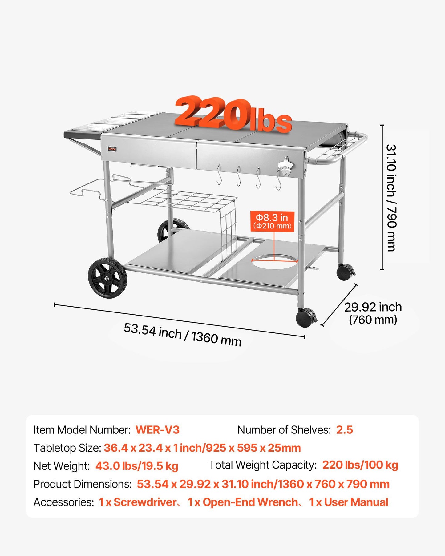 Outdoor Grill Cart with 36.4 x 23.4 Inch Worktop, 4 Spice Containers & Wheels