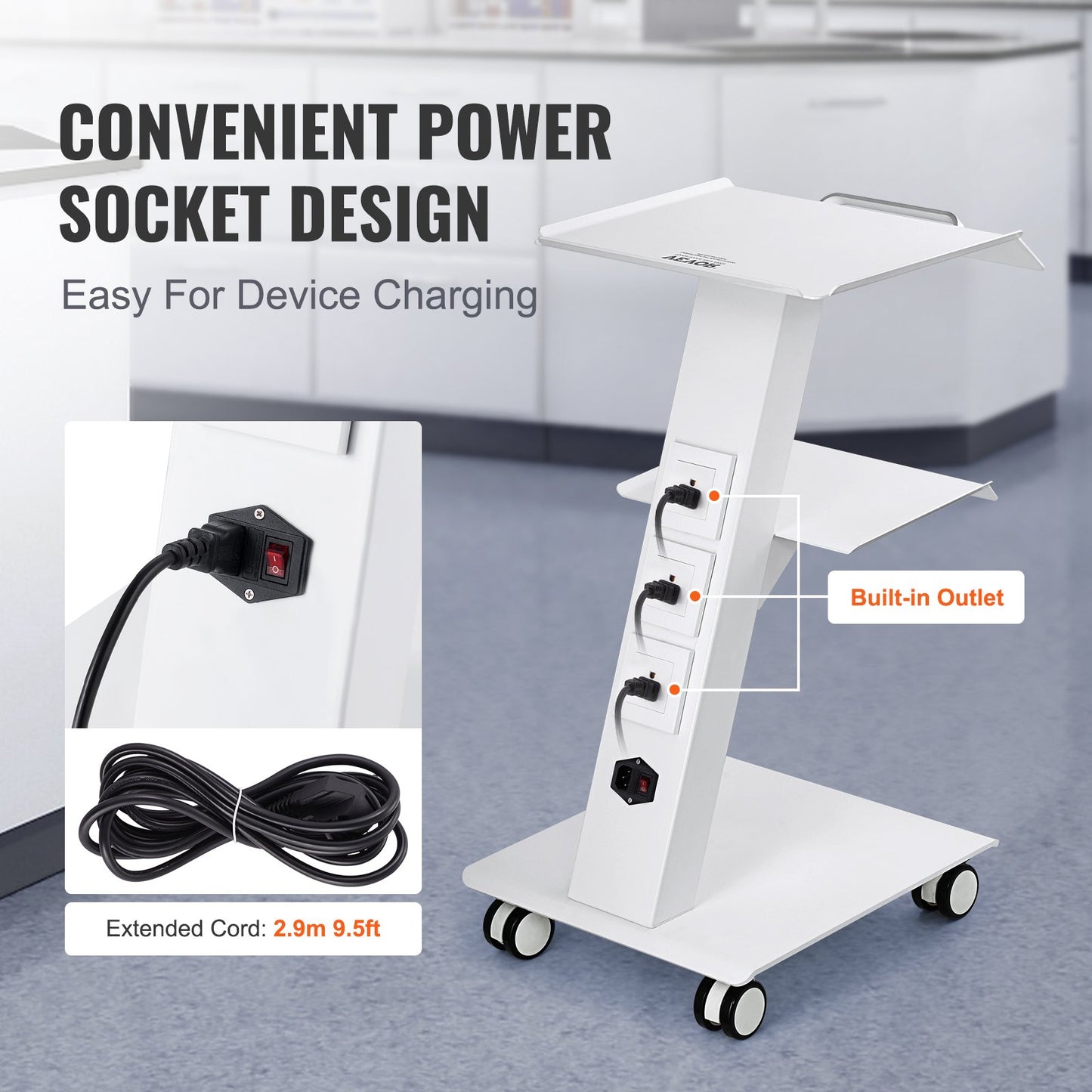 Mobile Lab Trolley with Built-In Socket - 3-Tier Rolling Cart - White