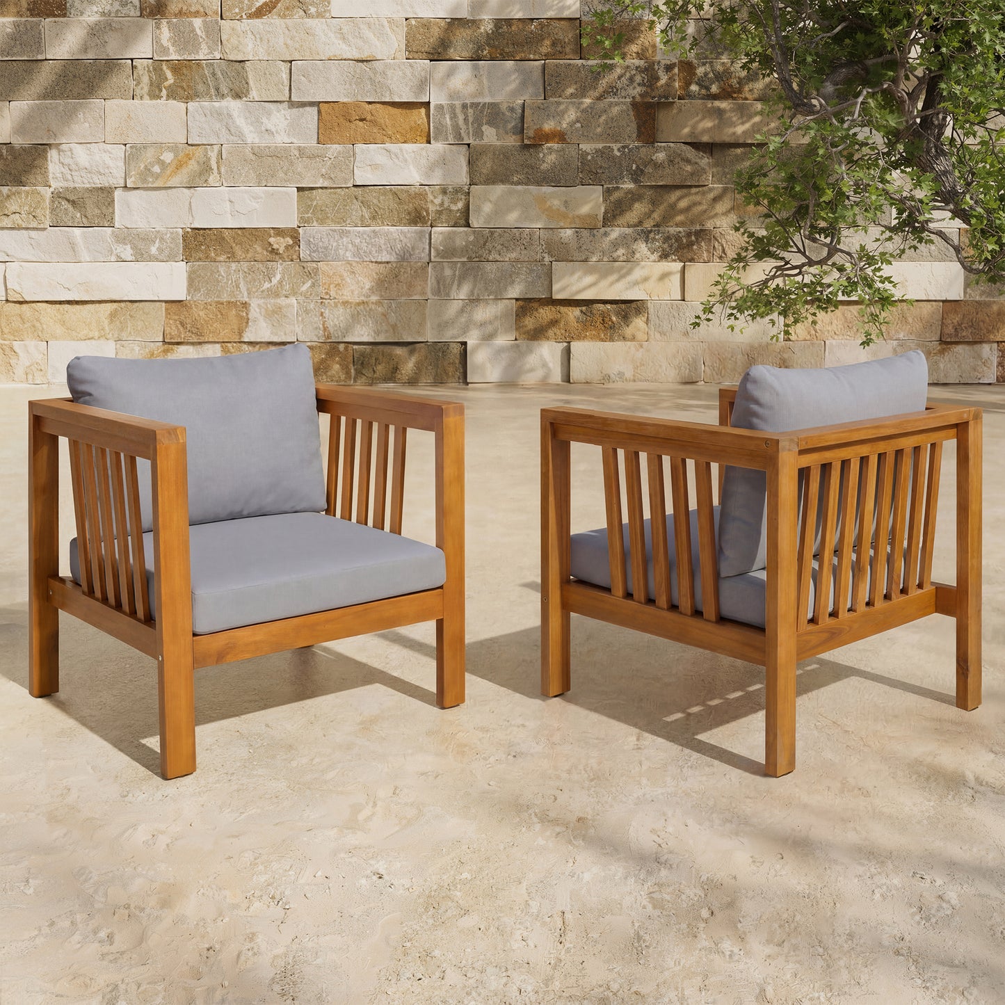 Set Of 2 Outdoor Acacia Wood Club Chairs With Modern Square Arms,