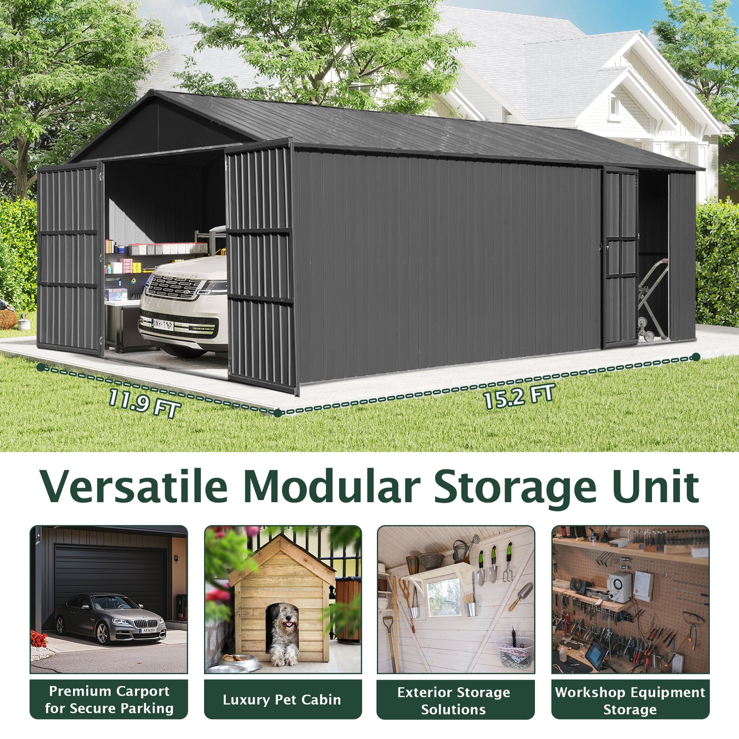 12x15FT Outdoor Metal Garage Shed, Extra Large Carport With Lockable