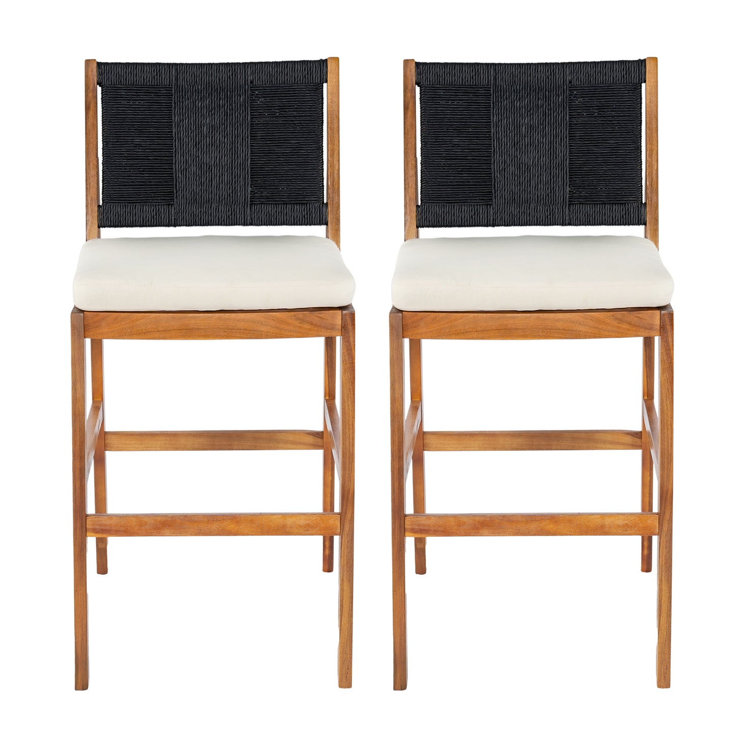 Outdoor Acacia Wood Bar Stools Set of 2 with Cream Cushion & Wicker Back