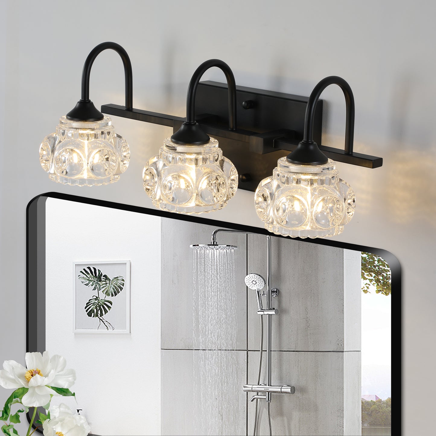 3-Light Bathroom Vanity Light Fixture - Black with Crystal Shades