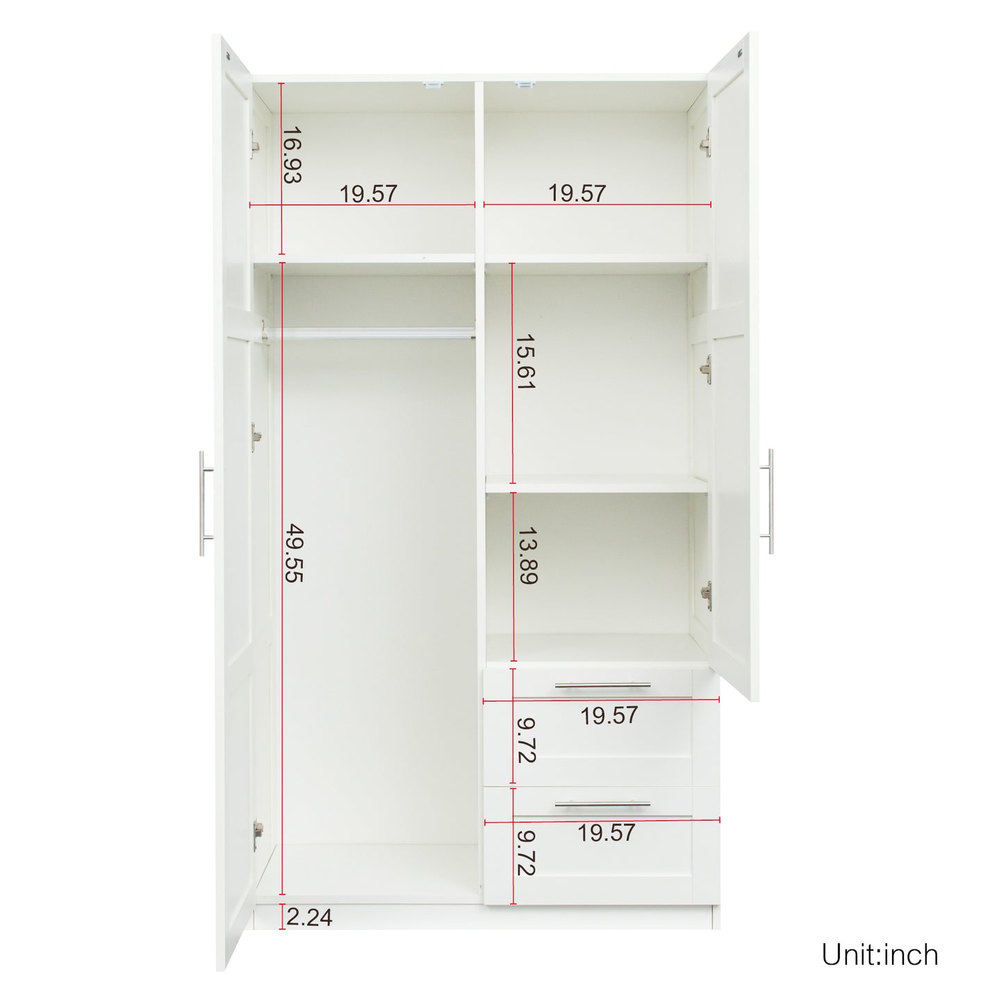 High Wardrobe and Kitchen Cabinet with 2 Doors and 2 Drawers - White