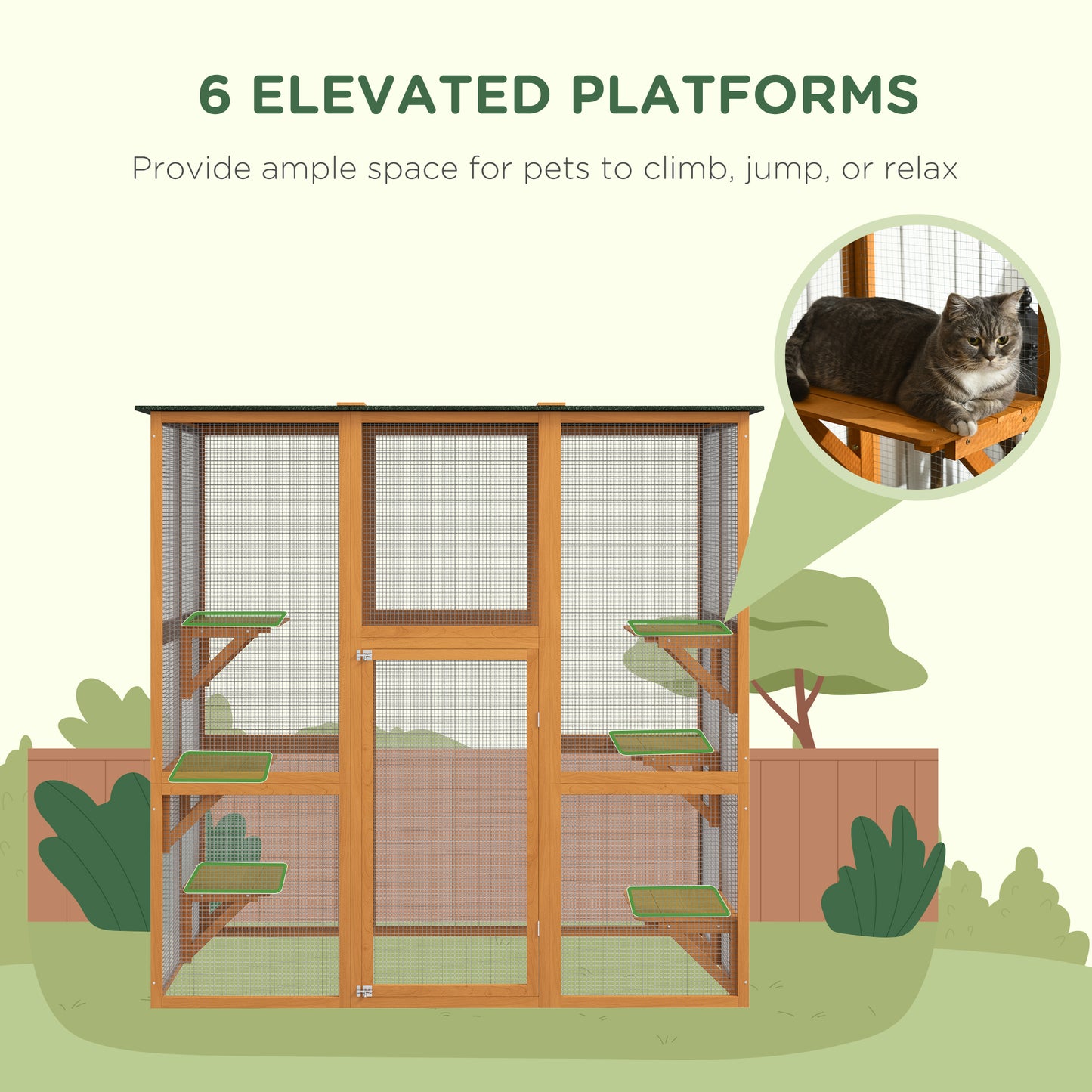 Outdoor Wooden Cat House with Large Interior, 6 Ledges & Weatherproof Roof