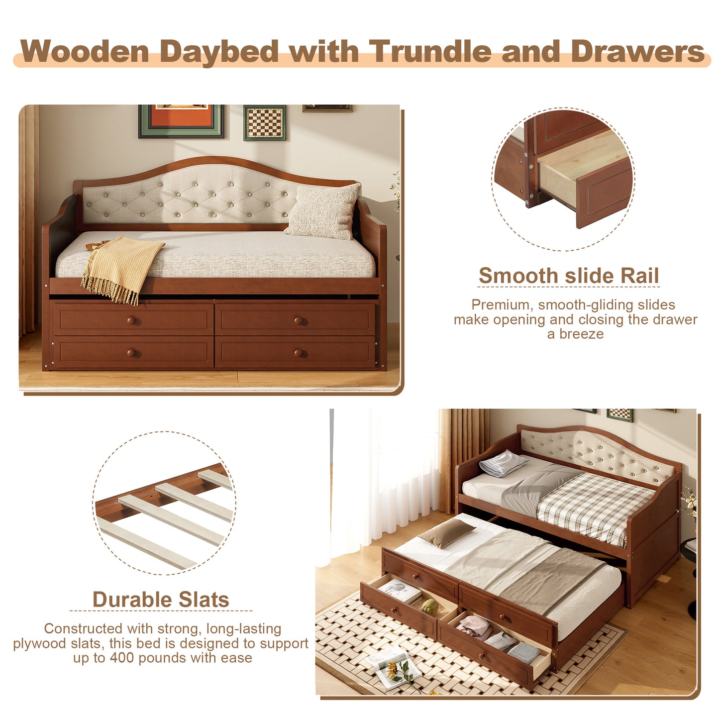 Twin Daybed With Trundle, Size 2 Storage Drawers, Wooden Sofa Bed