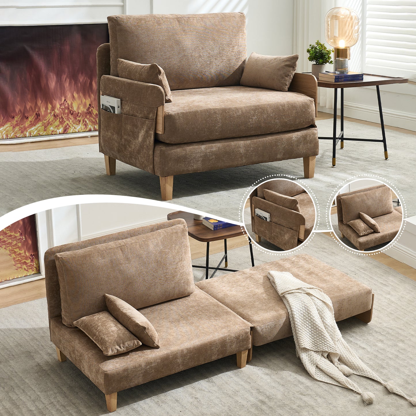 Foldable Sofa Bed Recliner - 3-in-1 Convertible Sleeper, Light Brown