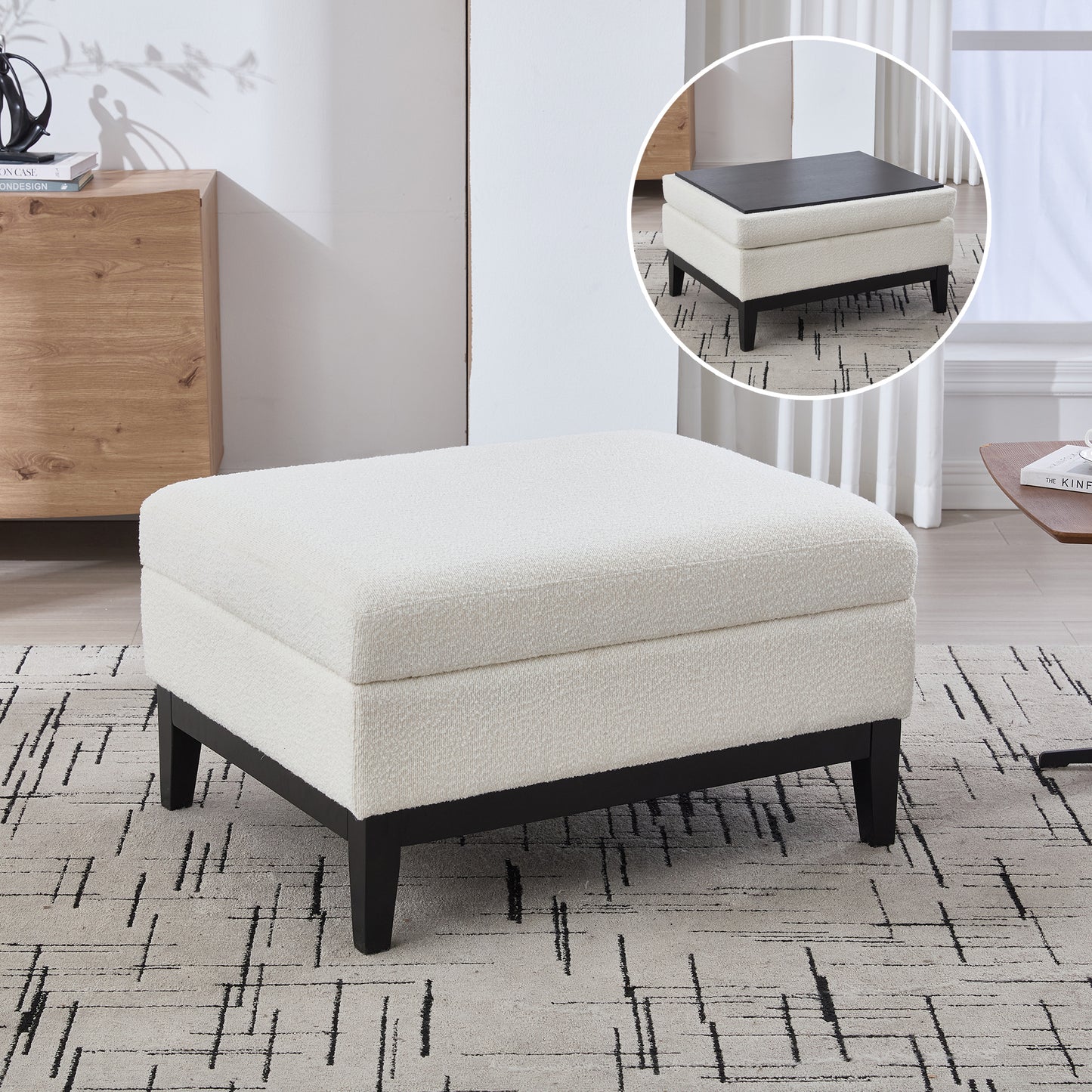 Ivory Upholstered Storage Ottoman with Reversible Lid - Footstool