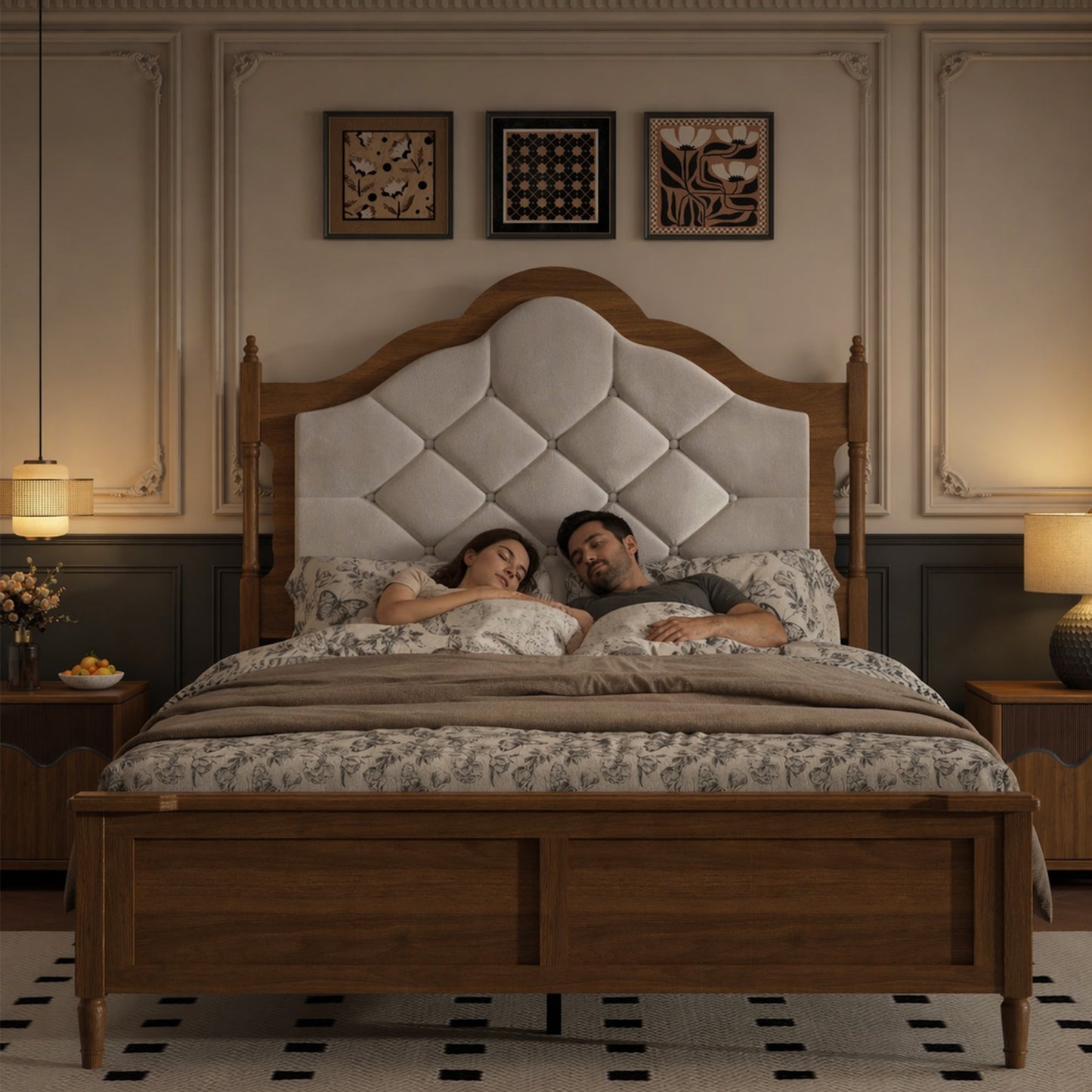 Full Size Wood Platform Bed Frame with Upholstered Headboard - Brown