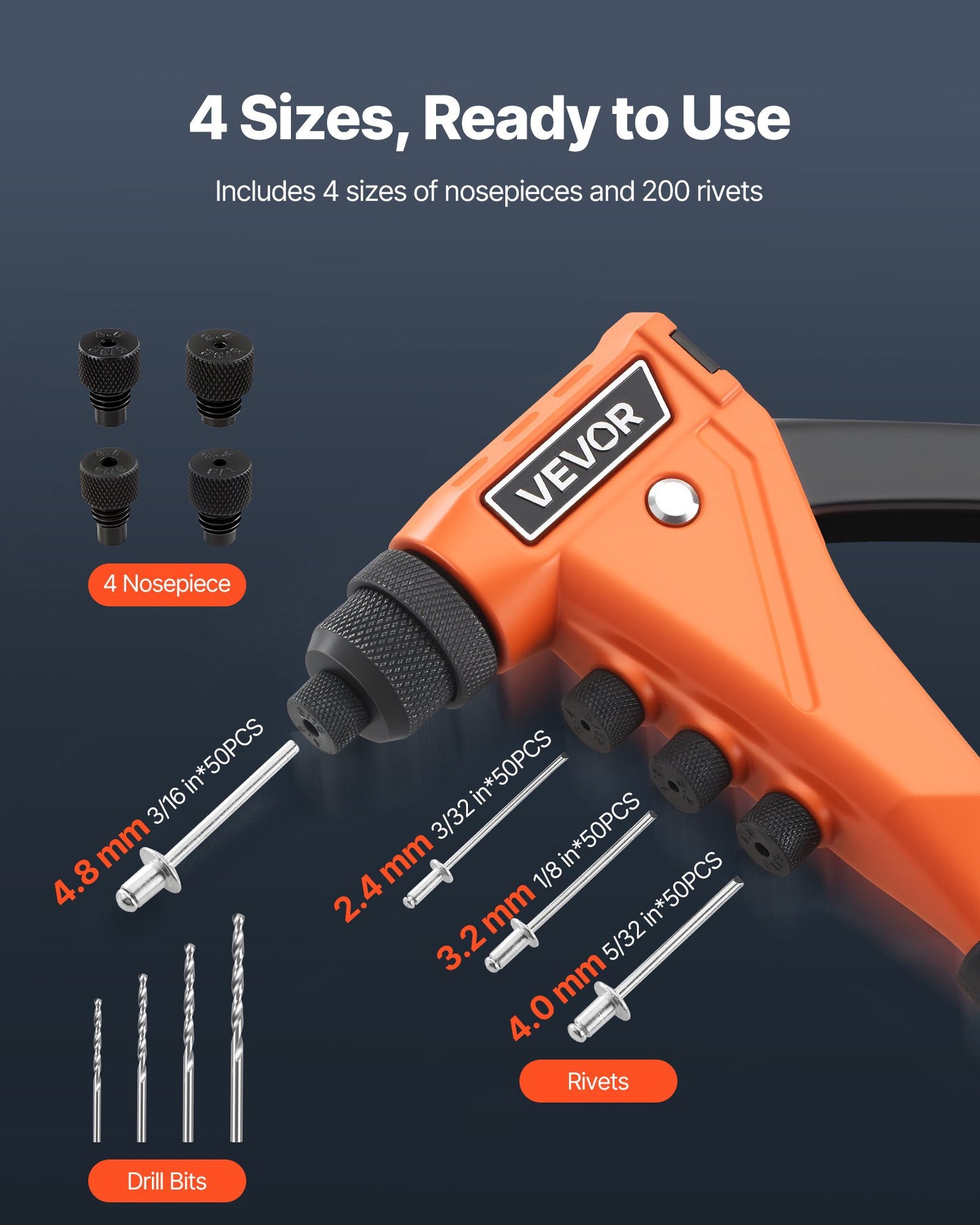 Heavy Duty Rivet Gun Kit with 200 Blind Rivets and Carrying Case - Manual Metal Riveter for Automotive and Home Use