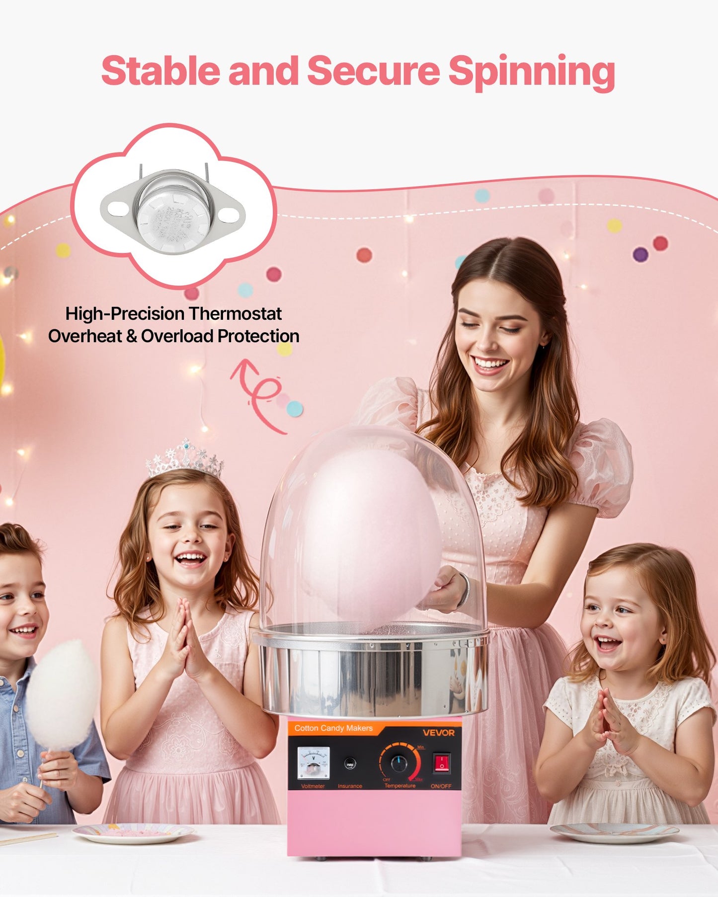 Electric Cotton Candy Machine 1000W with Stainless Steel Bowl & Cover - Perfect for Home & Parties