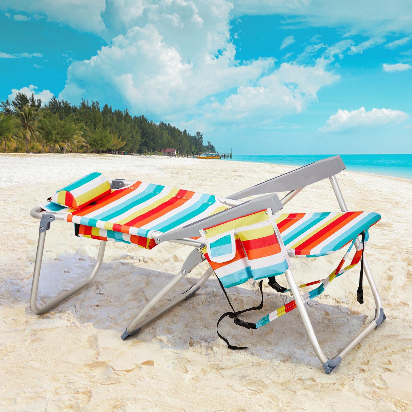 Adjustable Rainbow Striped Backpack Beach Chair - Portable Lounger