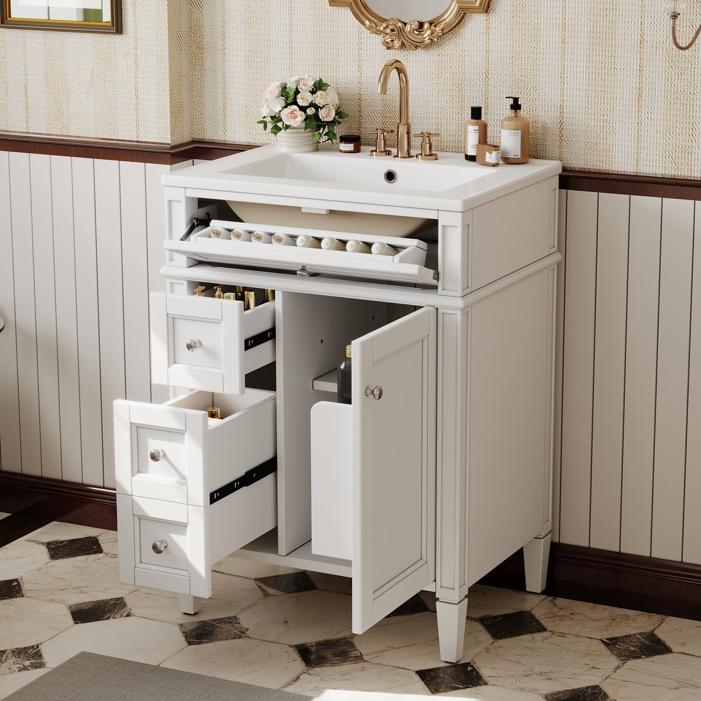24-Inch Modern Bathroom Vanity with Ceramic Sink & 3 Drawers - White