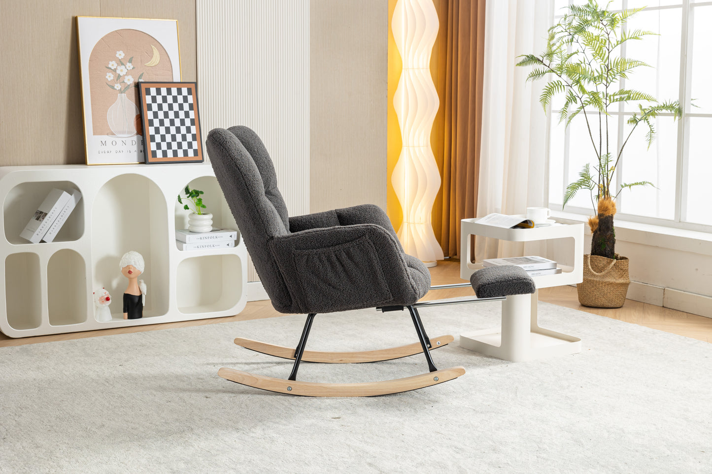 Modern Teddy Fabric Rocking Chair with Adjustable Footstool - Dark Gray