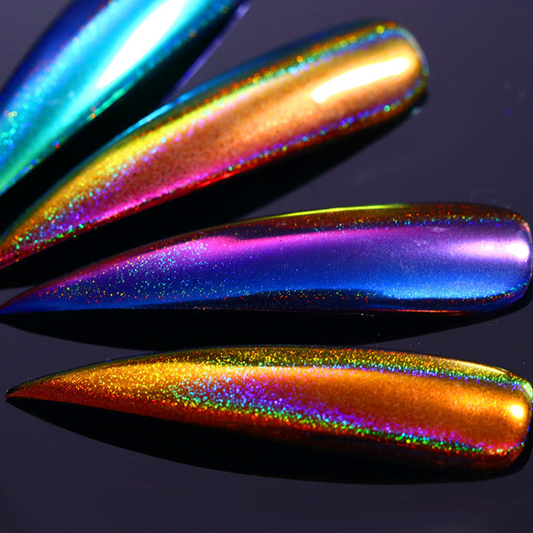 Mirror Effect Nail Art Powder Set - Rainbow Peacock Aurora Laser Finish