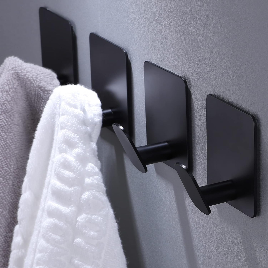 Heavy Duty Adhesive Towel Hooks - 26lb Capacity, 4 Pack Matte Black