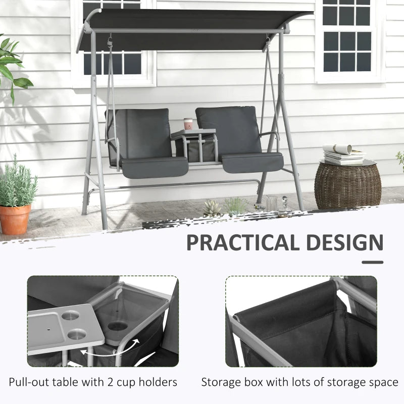 2-Seater Outdoor Porch Swing with Canopy & Tray - Gray