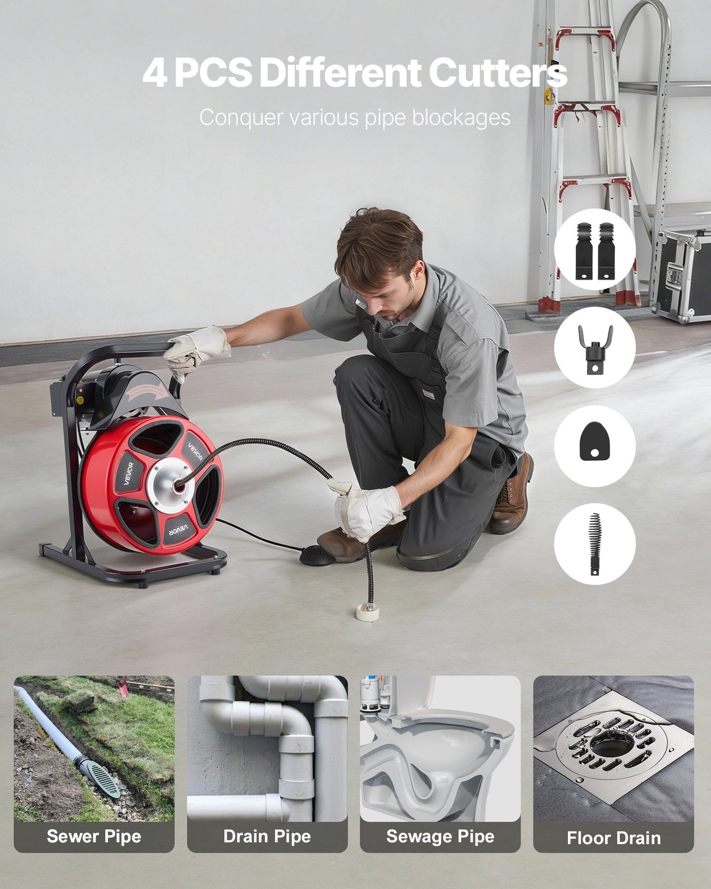 Drain Cleaner Machine 50 FT Sewer Snake Auger with 4 Cutters & Foot Switch