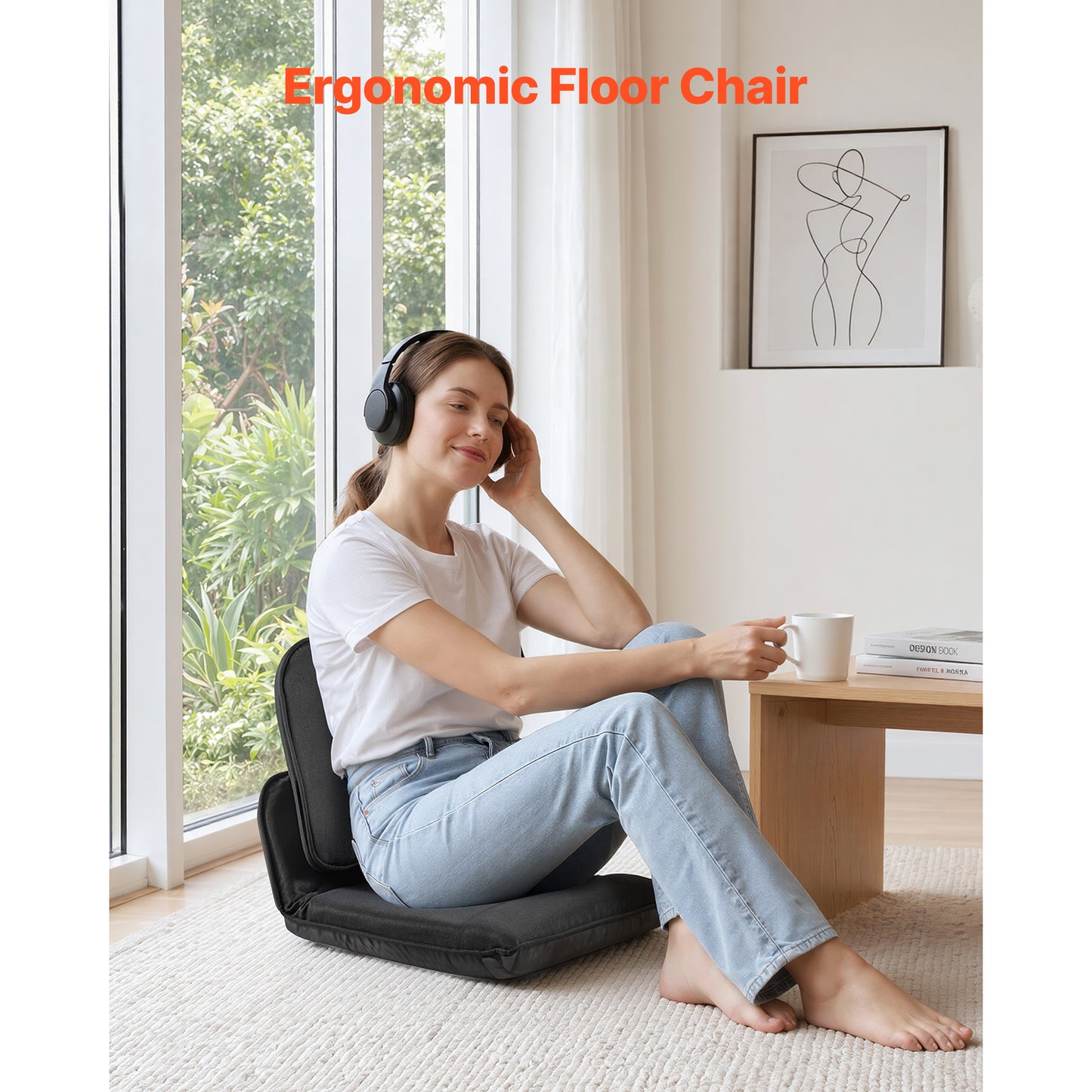 Folding Floor Chair with 5 Adjustable Positions, Ergonomic Support, Sturdy Metal Frame - Black