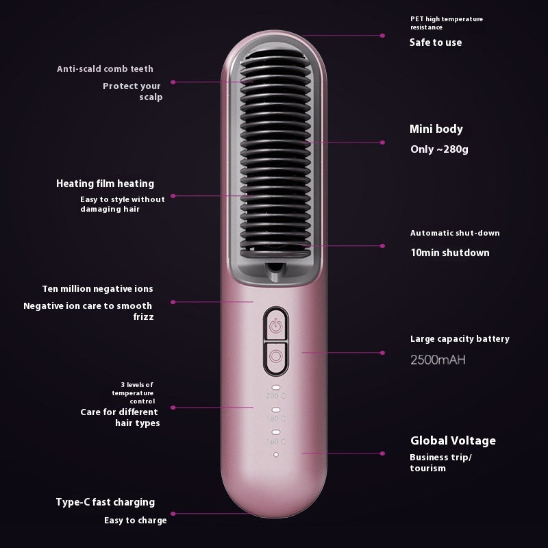 Wireless Hair Straightening Comb with Anion Technology - Portable Electric Hair Tool