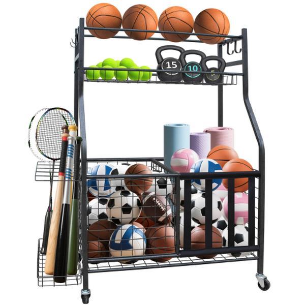 Garage Sports Equipment Storage Rack With Large Capacity, Wheeled,