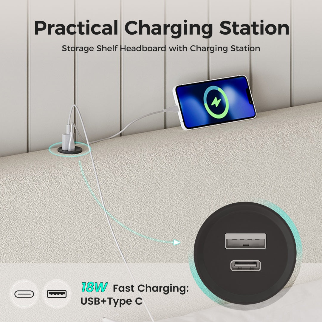 Full Size Upholstered Bed Frame with USB Charging Ports - Grey