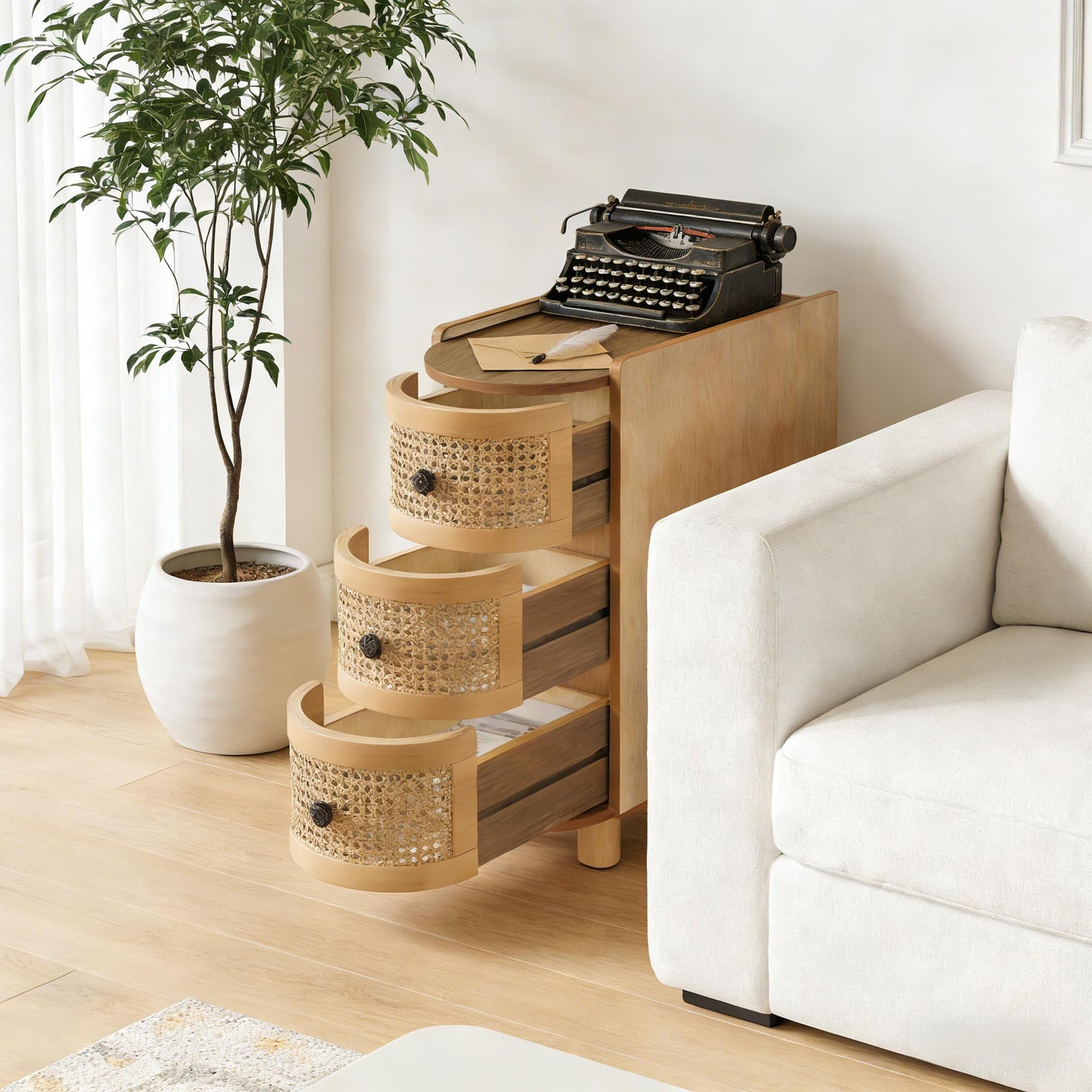 Solid Wood Nightstand with Rattan Drawers - Oak Finish