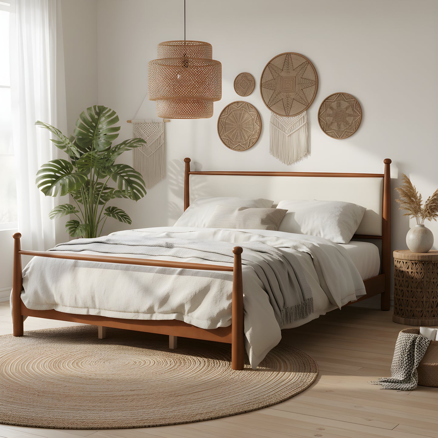 King Bed Frame with Upholstered Headboard - Solid Poplar & Plywood - Beige Walnut