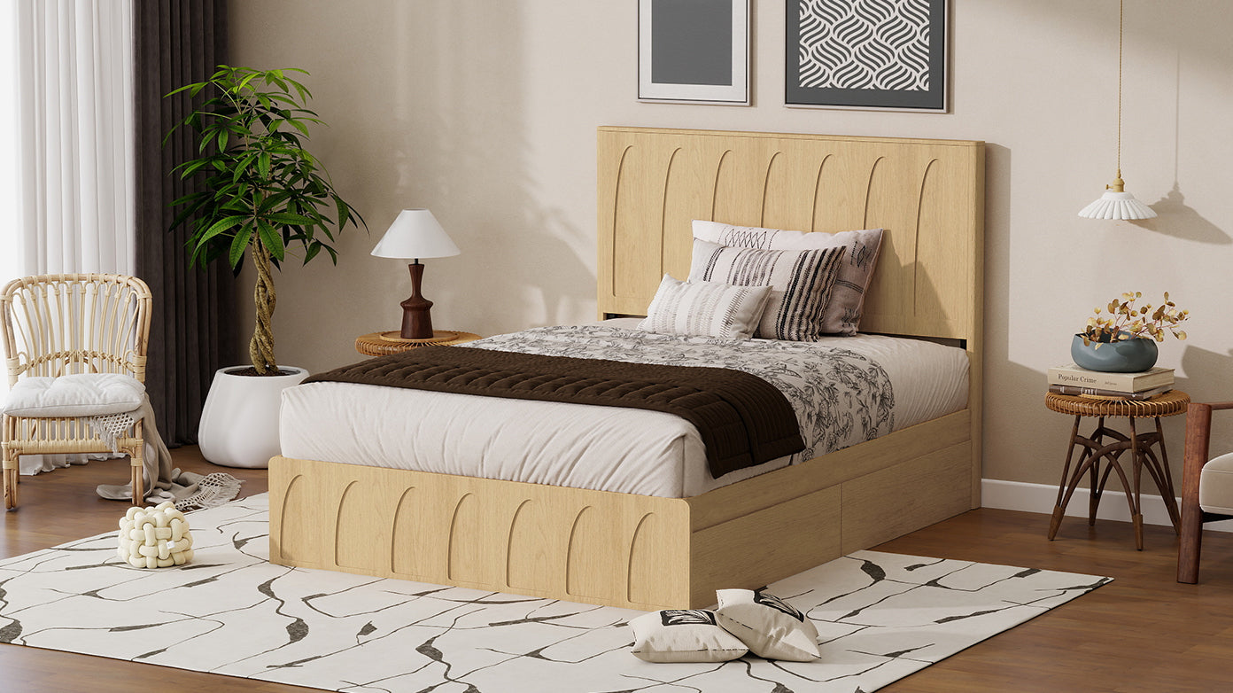 Queen Size Solid Wood Platform Bed Frame with Storage Drawers - Oak