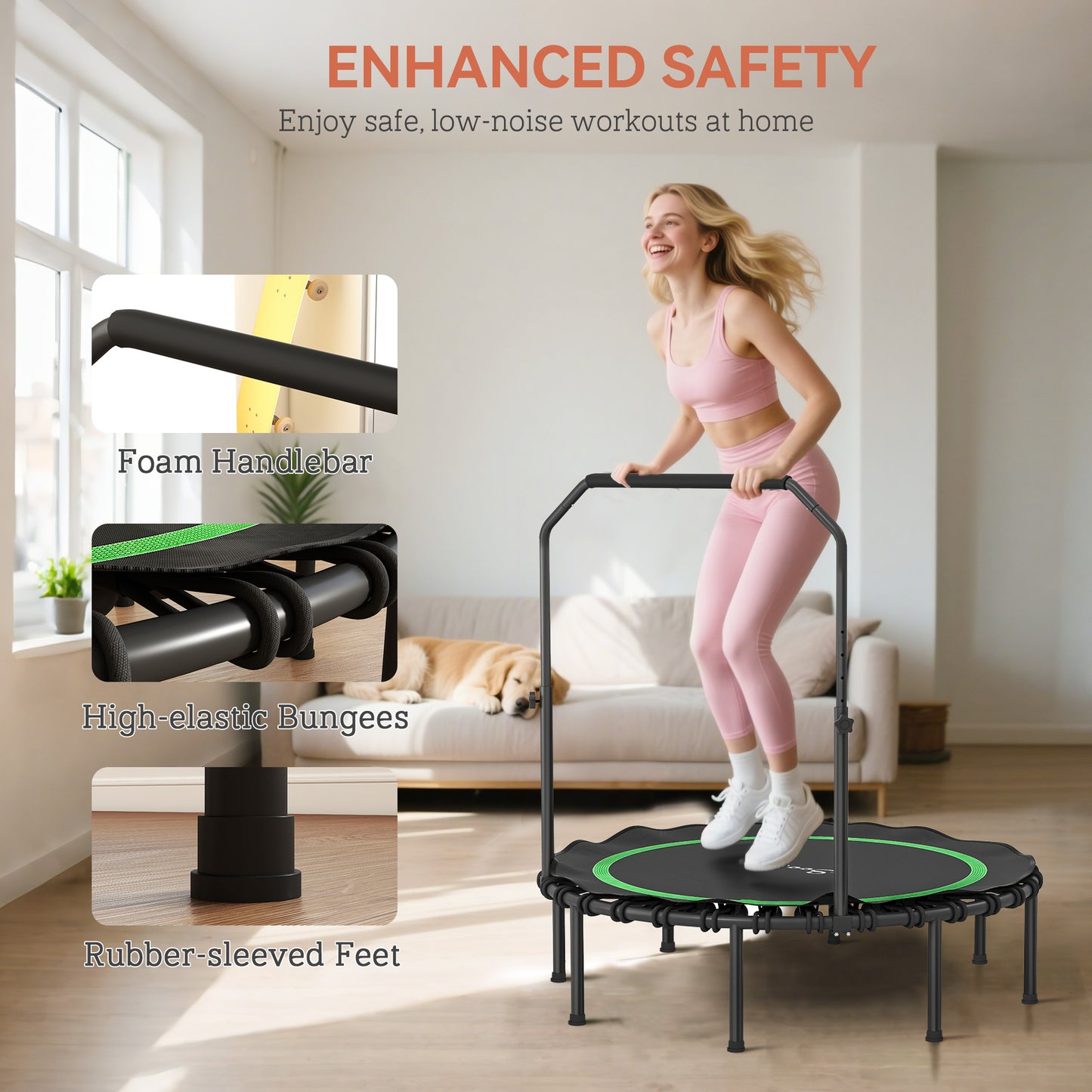 48" Foldable Rebounder Trampoline for Adults with Adjustable Handle - Green