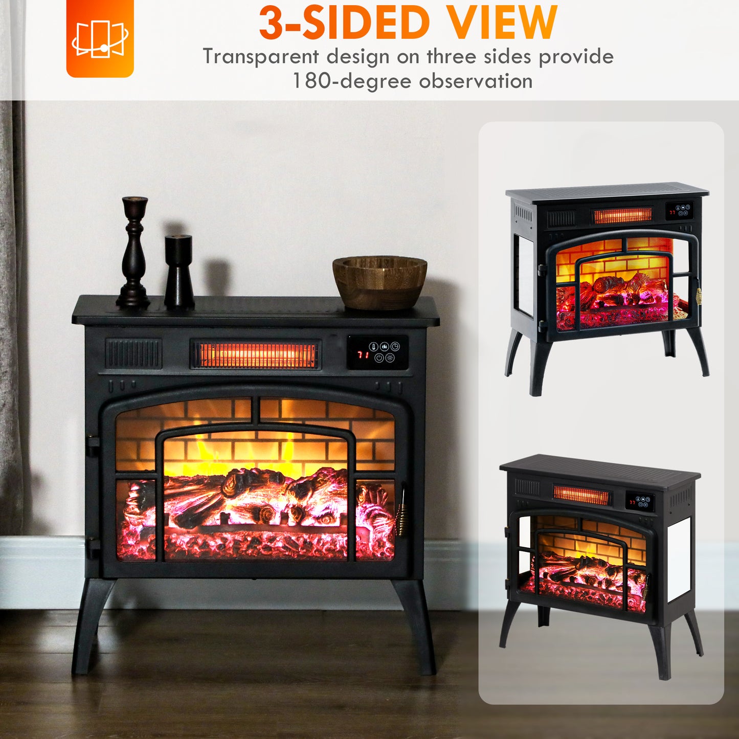Electric Fireplace Stove with 3-Sided Glass and Remote Control - Black, 655x315x515 mm