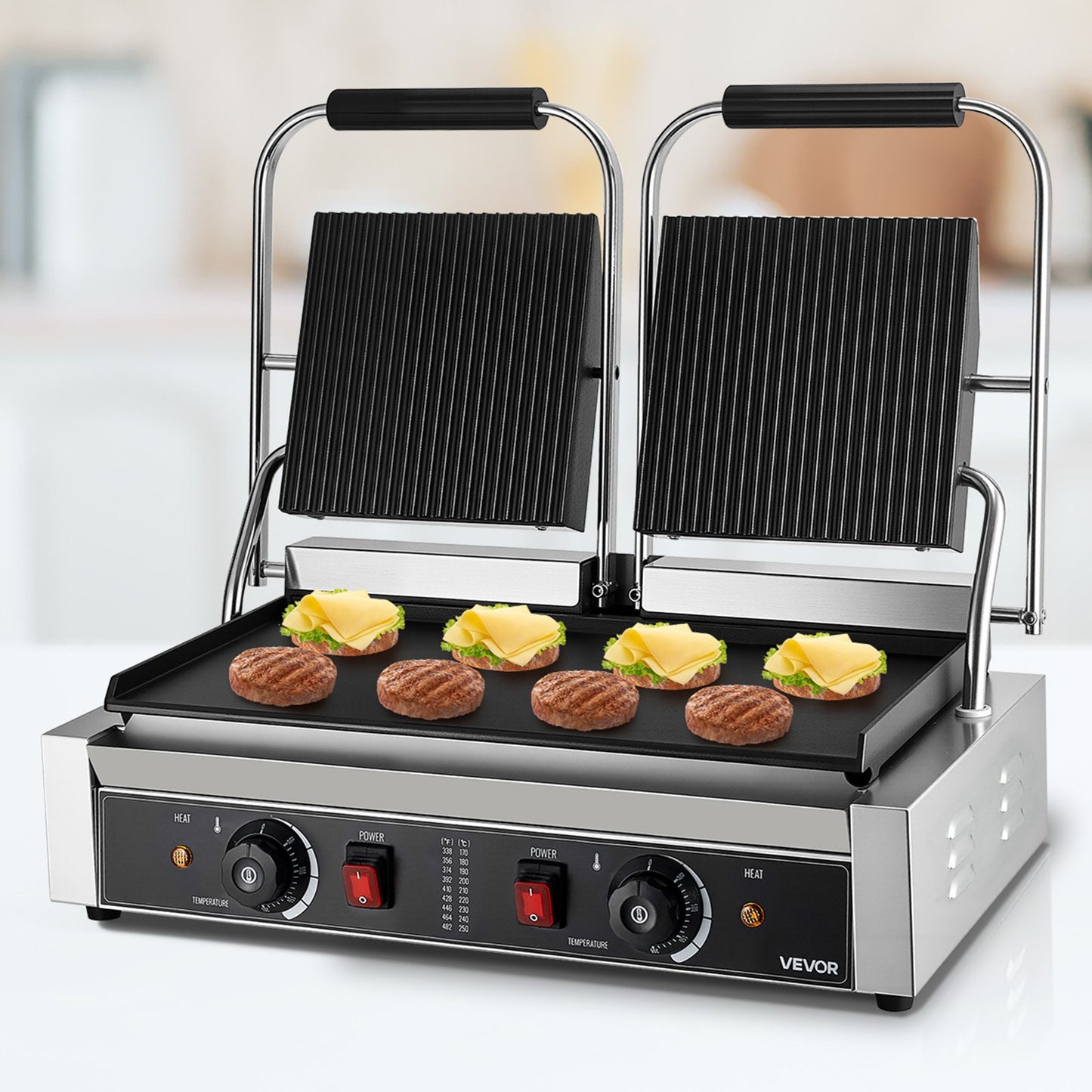 Commercial Electric Panini Press Grill with 19x9 Inch Non-Stick Plate